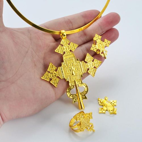 Anniyo-Gargantillas Redondas De Cruz Grande Para Mujer Pendientes De Anillo Ajustable Conjuntos De Joyería De Color Plateado/dorado Africano Etíope Erireo Habesha 333806