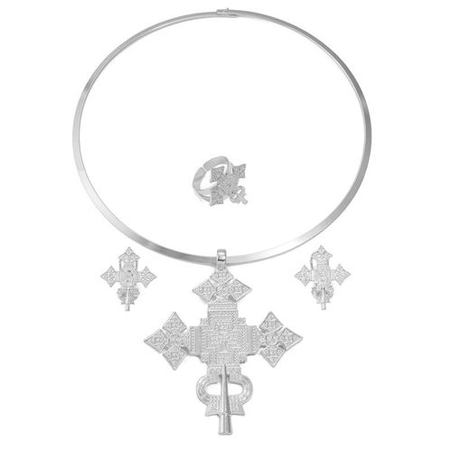 Anniyo-Gargantillas Redondas De Cruz Grande Para Mujer Pendientes De Anillo Ajustable Conjuntos De Joyería De Color Plateado/dorado Africano Etíope Erireo Habesha 333806