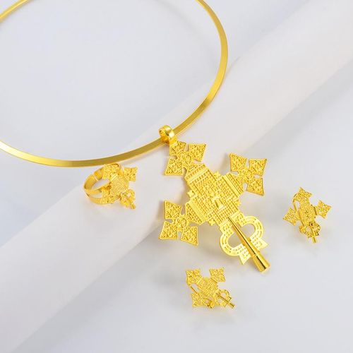 Anniyo-Gargantillas Redondas De Cruz Grande Para Mujer Pendientes De Anillo Ajustable Conjuntos De Joyería De Color Plateado/dorado Africano Etíope Erireo Habesha 333806