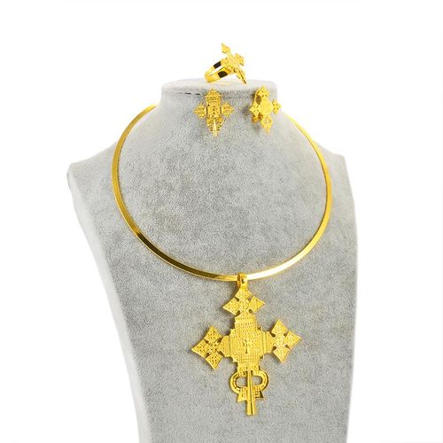 Anniyo-Gargantillas Redondas De Cruz Grande Para Mujer Pendientes De Anillo Ajustable Conjuntos De Joyería De Color Plateado/dorado Africano Etíope Erireo Habesha 333806
