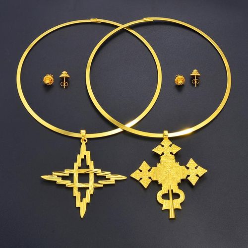 Anniyo-Collar Con Colgante De Gran Tama?o Y Pendientes Peque?os De 1cm Conjuntos De Joyas Etíopes Habesha Africana Eritrana 332106