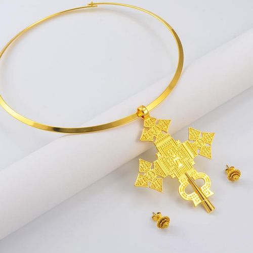 Anniyo-Collar Con Colgante De Gran Tama?o Y Pendientes Peque?os De 1cm Conjuntos De Joyas Etíopes Habesha Africana Eritrana 332106