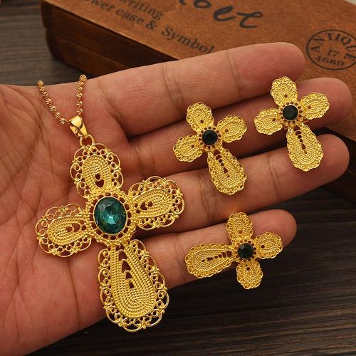 Conjunto De Joyas De Circonita C&uacute;bica Verde Chapada En Oro Para Mujer Diamantes De Imitaci&oacute;n Cruz De Etiop&iacute;a Oro Conjunto De Argelia Regalo De Fiesta De Boda Habesha