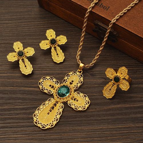 Conjunto De Joyas De Circonita Cúbica Verde Chapada En Oro Para Mujer Diamantes De Imitación Cruz De Etiopía Oro Conjunto De Argelia Regalo De Fiesta De Boda Habesha