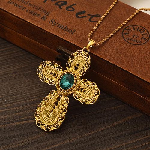 Conjunto De Joyas De Circonita Cúbica Verde Chapada En Oro Para Mujer Diamantes De Imitación Cruz De Etiopía Oro Conjunto De Argelia Regalo De Fiesta De Boda Habesha