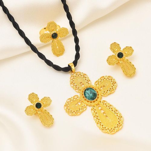 Conjunto De Joyas De Circonita Cúbica Verde Chapada En Oro Para Mujer Diamantes De Imitación Cruz De Etiopía Oro Conjunto De Argelia Regalo De Fiesta De Boda Habesha