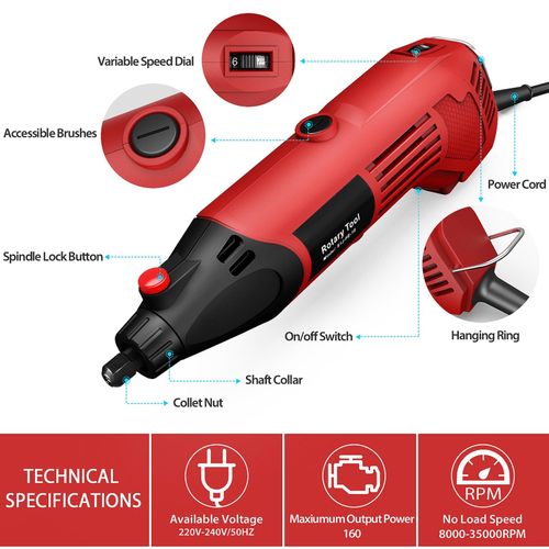 AC Rotary Tool Kit Electric Grinder 6 Variable Speeds 8000-35000RPM 170W For Polishing Carving And Shaping With Carrying Case