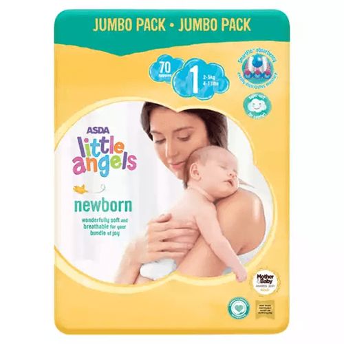 Asda Little Angels Newborn Diapers Pampers Nappies Size 1 , 2-5Kgs Jumbo Pack 70 Diapers - Yellow