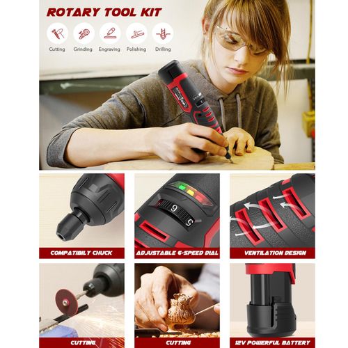 Rotary Tool 12V Cordless Multi Tool With 6 Variable Speed 5000-25000RPM 2.0Ah Battery Electric Grinder 74 Accessories For Cutting Sanding Carving Drilling Engraving Cleaning Sharpening DIY Projects