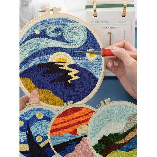 Scenery Punch Embroidery Full Kit With Punch Needle Embroidery Kits Sewing Tools Diy Cross Stitch Set Needlework Wool Home Decor