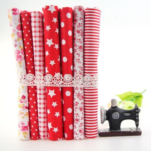 7PCS Red Flower Floral Quilting Cotton Fabric Home Sewing Clothing Patchwork Doll Needlework DIY Material 25x25cm
