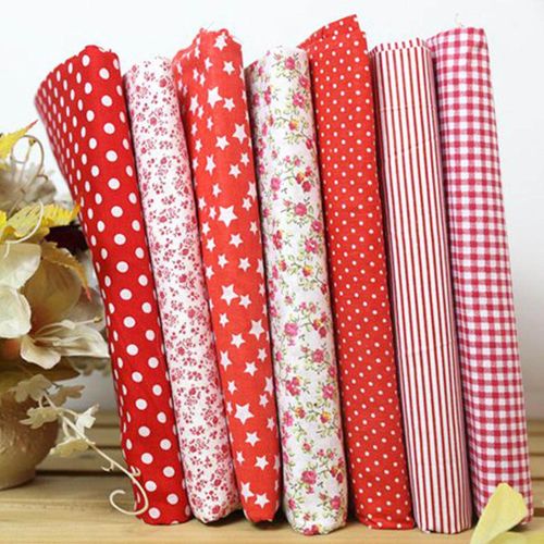 7PCS Red Flower Floral Quilting Cotton Fabric Home Sewing Clothing Patchwork Doll Needlework DIY Material 25x25cm