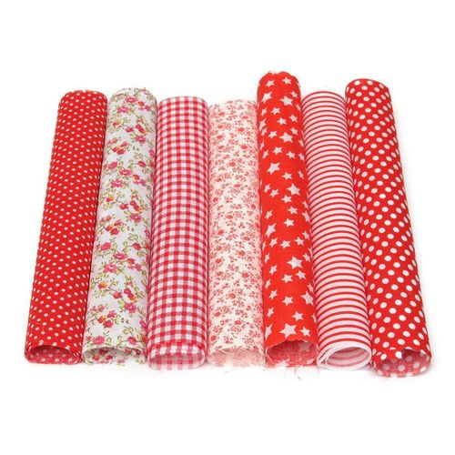 7PCS Red Flower Floral Quilting Cotton Fabric Home Sewing Clothing Patchwork Doll Needlework DIY Material 25x25cm