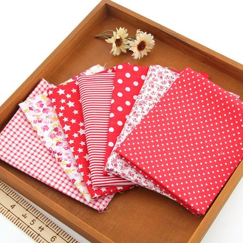 7PCS Red Flower Floral Quilting Cotton Fabric Home Sewing Clothing Patchwork Doll Needlework DIY Material 25x25cm