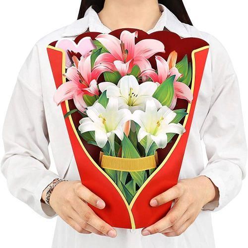 915 Generation Paper PopUp Cards Lilies Flower Bouquet 3D Popup Greeting Cards for Mom Mothers Day Greeting Cards