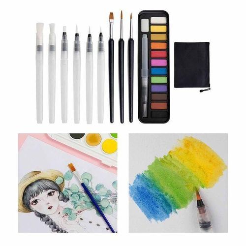 Portable Solid Watercolor  Set Pigment Art Supplies Water Brushes