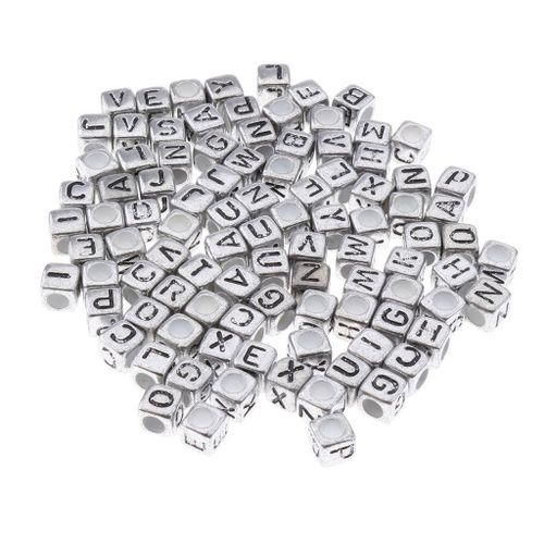 100x Assorted Metallic Acrylic Alphabets Letter Cube Beads Pony Silver