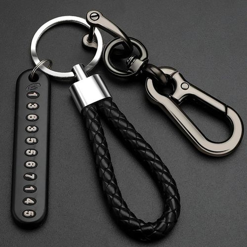 Anti-Lost Keychain with Phone Number Strip Weave Rope Pendant Key Holder Stainless Steel Car Keyfob KeyRing for Men Women Gifts-01_black