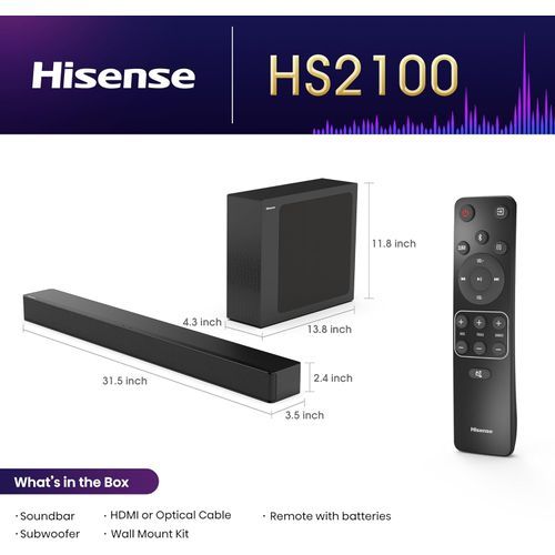 Hisense 2.1 CH 240W All In One Soundbar HS2000 - DTS Virtual X, Built In Subwoofer, HDMI ARC, Bluetooth  3Yrs Warranty