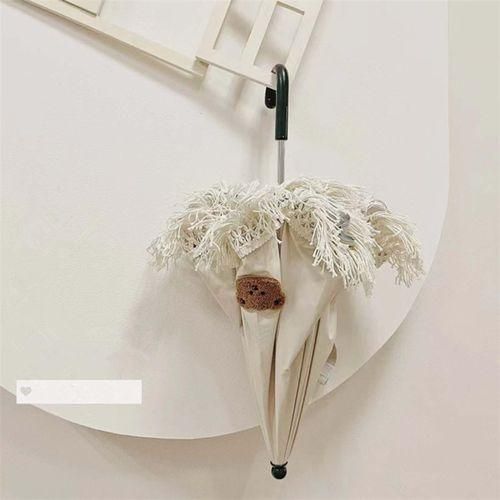 Kids Umbrella Portable Stick Umbrella With Tassel Baby Bear Applique