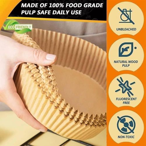 Round Air Fryer Disposable Paper Liner, Air Fryer Natural Parchment Paper Non-Stick Air Fryer Liners Cooking Paper for Air Fryer for Baking Roasting Microwave Frying Pan 50pcs