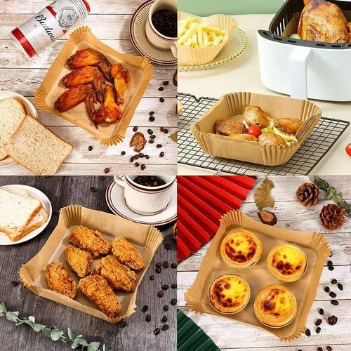Squre Air Fryer Disposable Paper Liner, Air Fryer Natural Parchment Paper Non-Stick Air Fryer Liners Cooking Paper for Air Fryer for Baking Roasting Microwave Frying Pan 50pcs