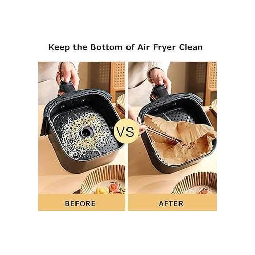 Squre Air Fryer Disposable Paper Liner, Air Fryer Natural Parchment Paper Non-Stick Air Fryer Liners Cooking Paper for Air Fryer for Baking Roasting Microwave Frying Pan 50pcs