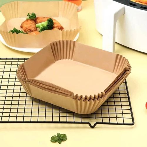 Squre Air Fryer Disposable Paper Liner, Air Fryer Natural Parchment Paper Non-Stick Air Fryer Liners Cooking Paper for Air Fryer for Baking Roasting Microwave Frying Pan 50pcs