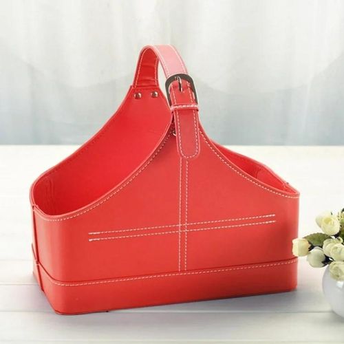 Empty Faux Leather Red Christmas Gift Storage Basket With Leather Handle Hampers gift basket -Red & Beige