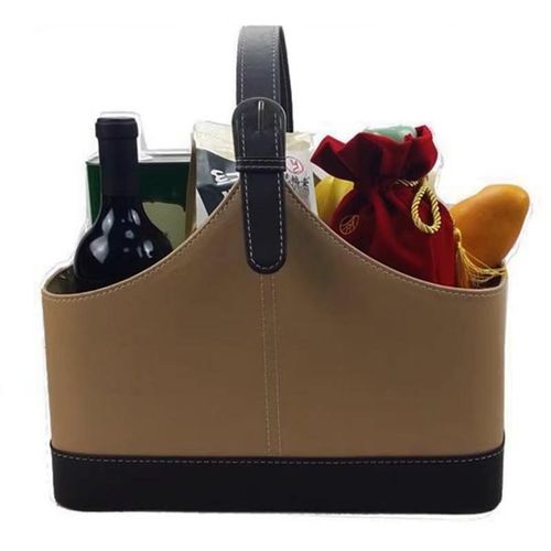 Empty Faux Leather Red Christmas Gift Storage Basket With Leather Handle Hampers gift basket -Red & Beige