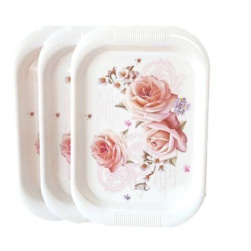 3Pcs Set Of Strong Melamine Trays - Flower May Vary/White