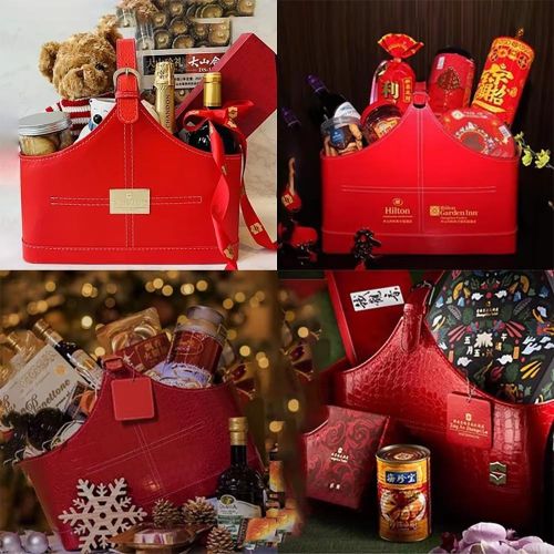 Empty Faux Leather Red Christmas Gift Storage Basket With Leather Handle Hampers Gift Basket- Red