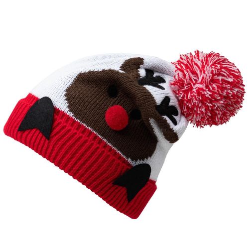 Kids Christmas Slouchy Knitted Hat with Cute Plush Ball Stretch Soft Wool Elk Pattern for Child Winter Fall Head Warmer,Default NO5242