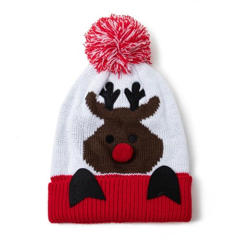 Kids Christmas Slouchy Knitted Hat with Cute Plush Ball Stretch Soft Wool Elk Pattern for Child Winter Fall Head Warmer,Default NO5242