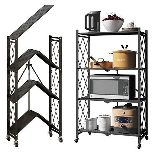 4 Tier Foldable Storage Shelves With Wheels Rack Pantry Organizer For Kitchen Bedroom Bathroom Office- Black & WHITE