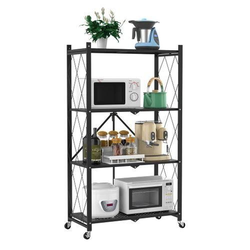 4 Tier Foldable Storage Shelves With Wheels Rack Pantry Organizer For Kitchen Bedroom Bathroom Office- Black & WHITE