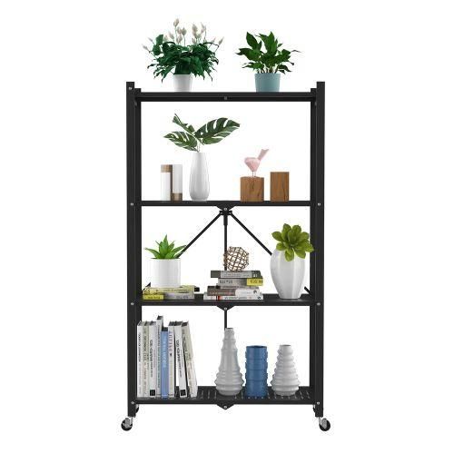 4 Tier Foldable Storage Shelves With Wheels Rack Pantry Organizer For Kitchen Bedroom Bathroom Office- Black & WHITE