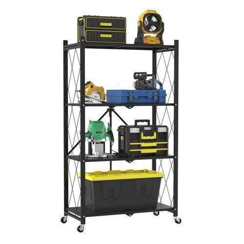 4 Tier Foldable Storage Shelves With Wheels Rack Pantry Organizer For Kitchen Bedroom Bathroom Office- Black & WHITE