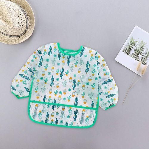 Kids Feeding Bib Wipe Clean Long Sleeve Feeding Smock Green Cactus