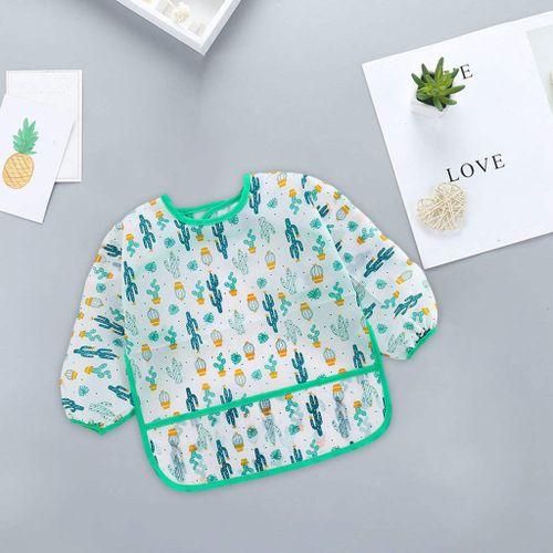 Kids Feeding Bib Wipe Clean Long Sleeve Feeding Smock Green Cactus