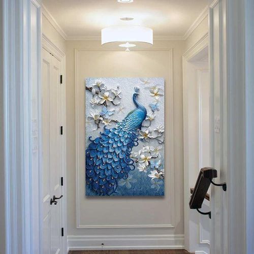 Blue Peacock & White Flowers Canvas Wall Art Picture For Living Room Decoration - Multi-colour