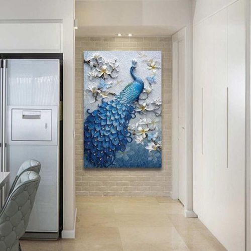 Blue Peacock & White Flowers Canvas Wall Art Picture For Living Room Decoration - Multi-colour