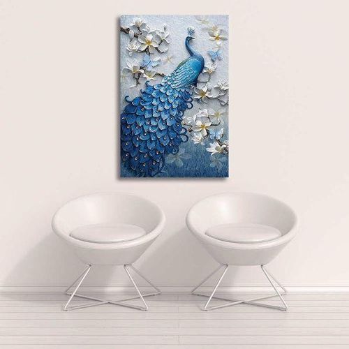 Blue Peacock & White Flowers Canvas Wall Art Picture For Living Room Decoration - Multi-colour