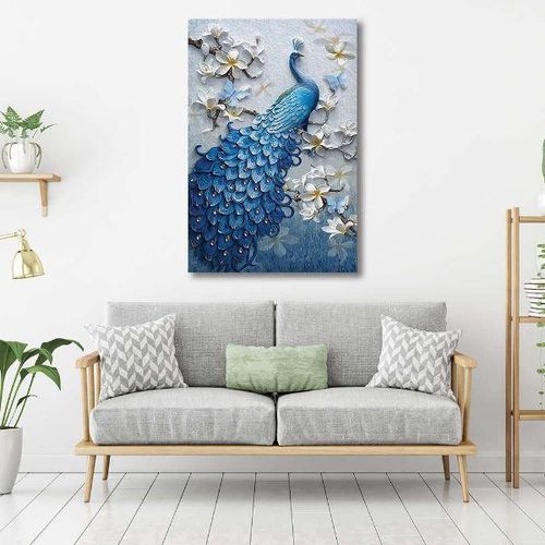 Blue Peacock & White Flowers Canvas Wall Art Picture For Living Room Decoration - Multi-colour