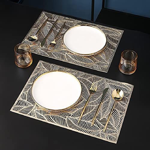Pack of 6 Rectangular Leaf Decorative Placemats, table mats, Hollow Dining Table Placemats, Heat Resistant Non-Slip Placemats for Home Kitchen