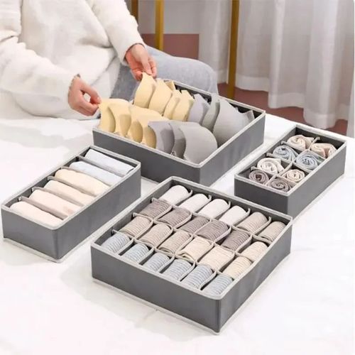 4-piece Foldable Underwear Storage Box - Drawer Partition Storage Box - Non-woven Fabric (gray)