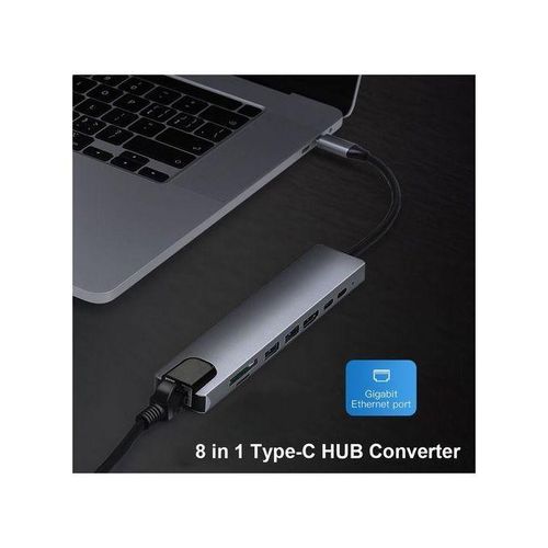 8IN1 TYPE-C HUB CONVERTER ,4K HDMI-compatible 2 USB3.0 USB C PD SD/TF RJ45 Docking Station - Grey