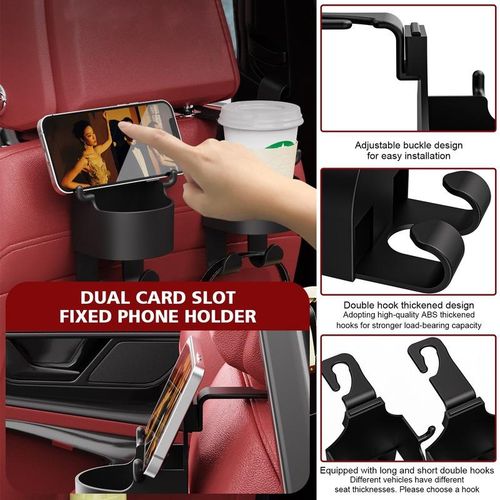 3-In-1 Multifunctional Car Cup Holder Seat Back Bag Hanging Hook Rear Seat Phone Support Stand Universal Auto Truck Organizer