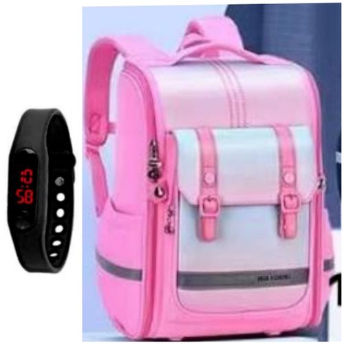 Kids Designer Waterproof Backpack With Free Watch- Pink