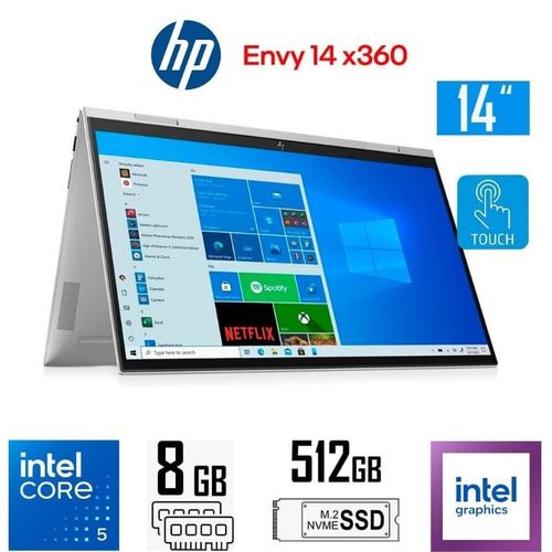 Hp Envy X360 ES1013DX - Intel Core i5 Processor - 8GB Ram DDR4 - 512GB SSD NVMe - Intel Iris Xe Graphics - Backlit Keyboard - 14" FHD (1920x1080) IPS Touch Screen -  Finger Pirnt Reader - 5MP Camera - Windows 11 Home - Natural Silver&nbsp;-&nbsp;Brand&nbsp;New